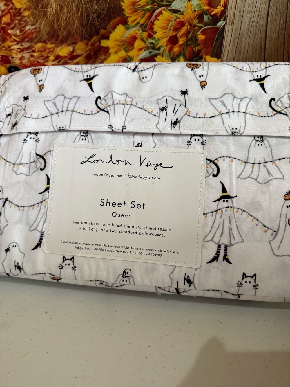 London Kaye Queen Sheet Set - White Halloween Ghost & Cat Print
